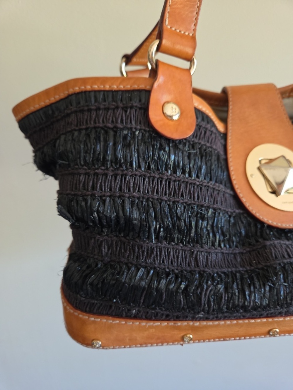 Vintage Kate Spade black straw purse handbag wooden bottom leather trim - Picture 2 of 12